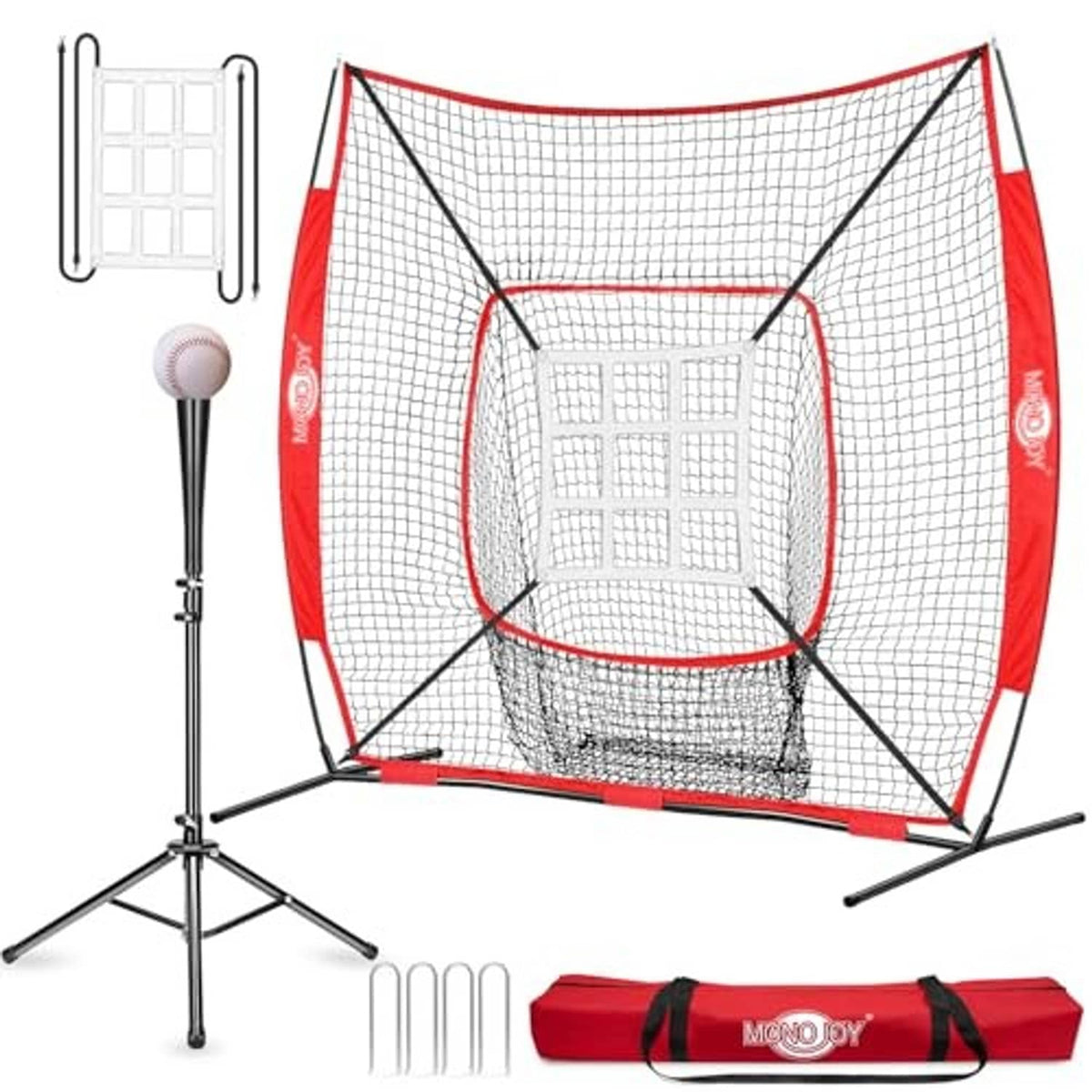 Red baseball practice net with steel frame, front strike-zone target, carry bag and tee included