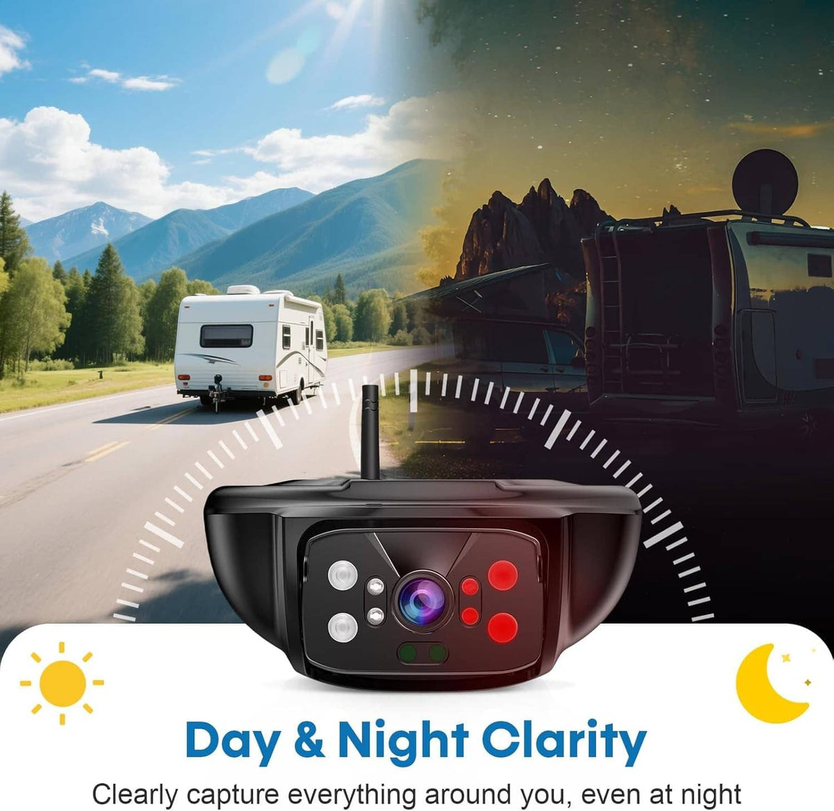 Day and night clarity RV backup camera with red status indicator lights