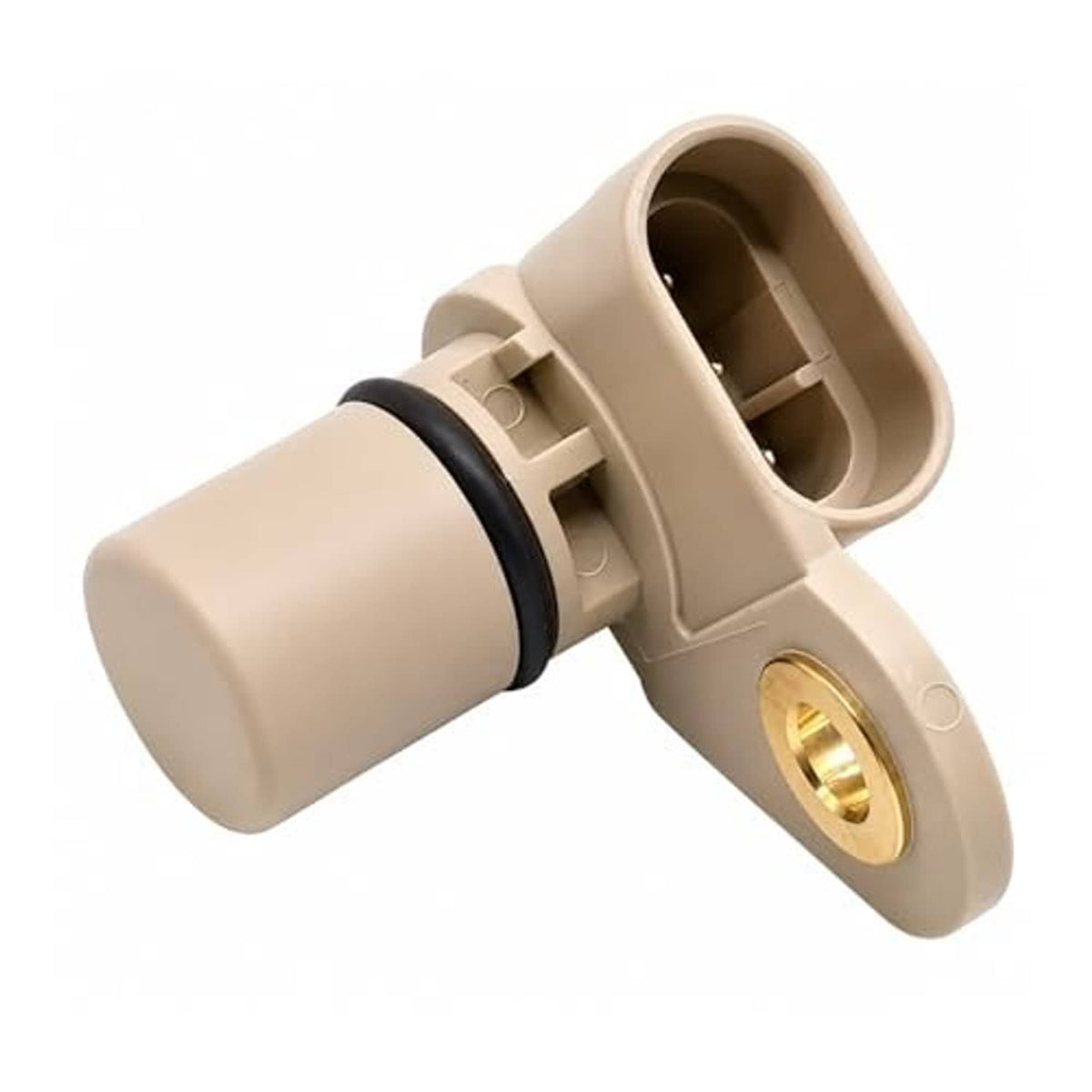 Beige camshaft position sensor plug with gold mounting ring and black rubber gasket