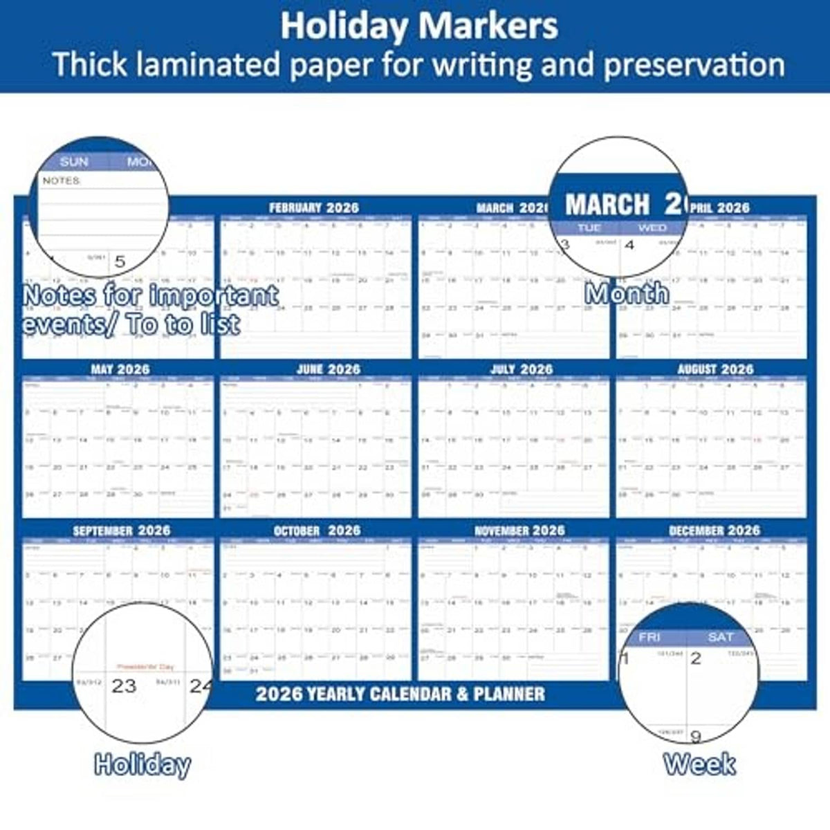 2027 holiday wall calendar with thick laminated writing surface