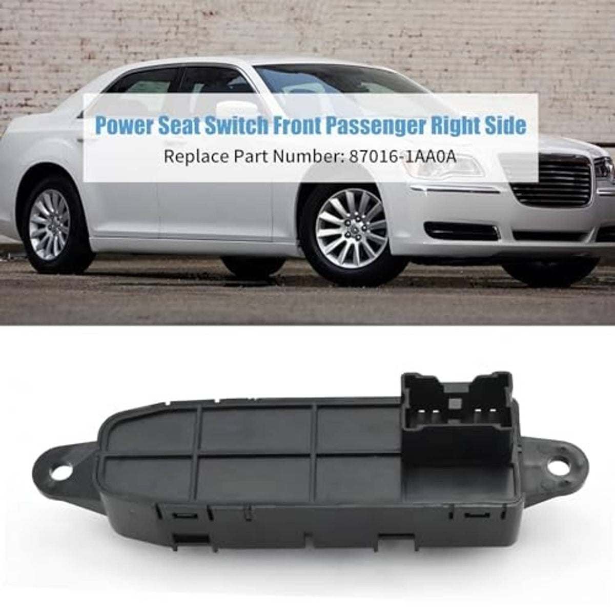 Power seat switch module, black plastic body with connector opening and mounting loops