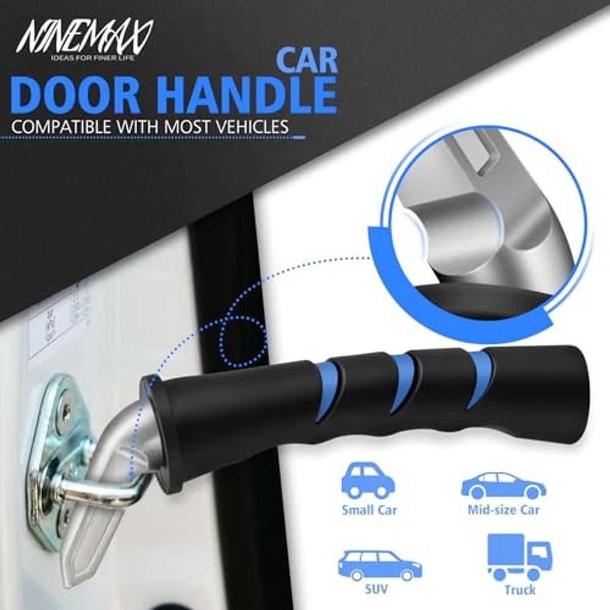 Car door handle assist installed on car door, black rubber with blue trim bands