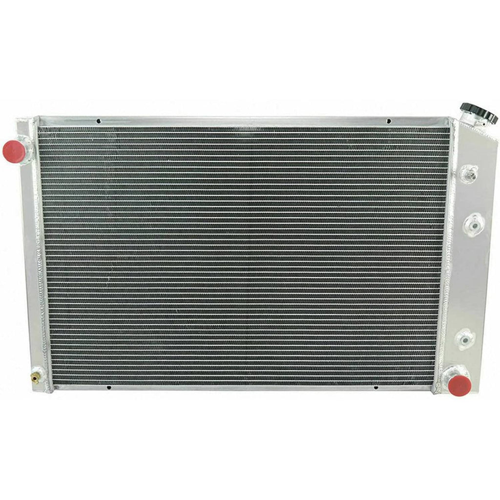 Radiator fan shroud with four-row core, silver frame and black cooling fins