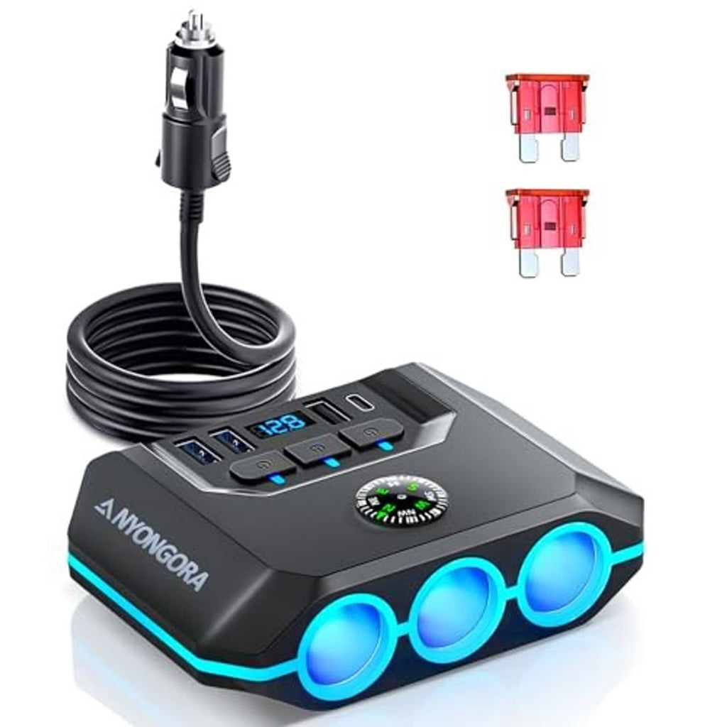 Car 7-in-1 power splitter with blue ports and two red fuse adapters, black cable