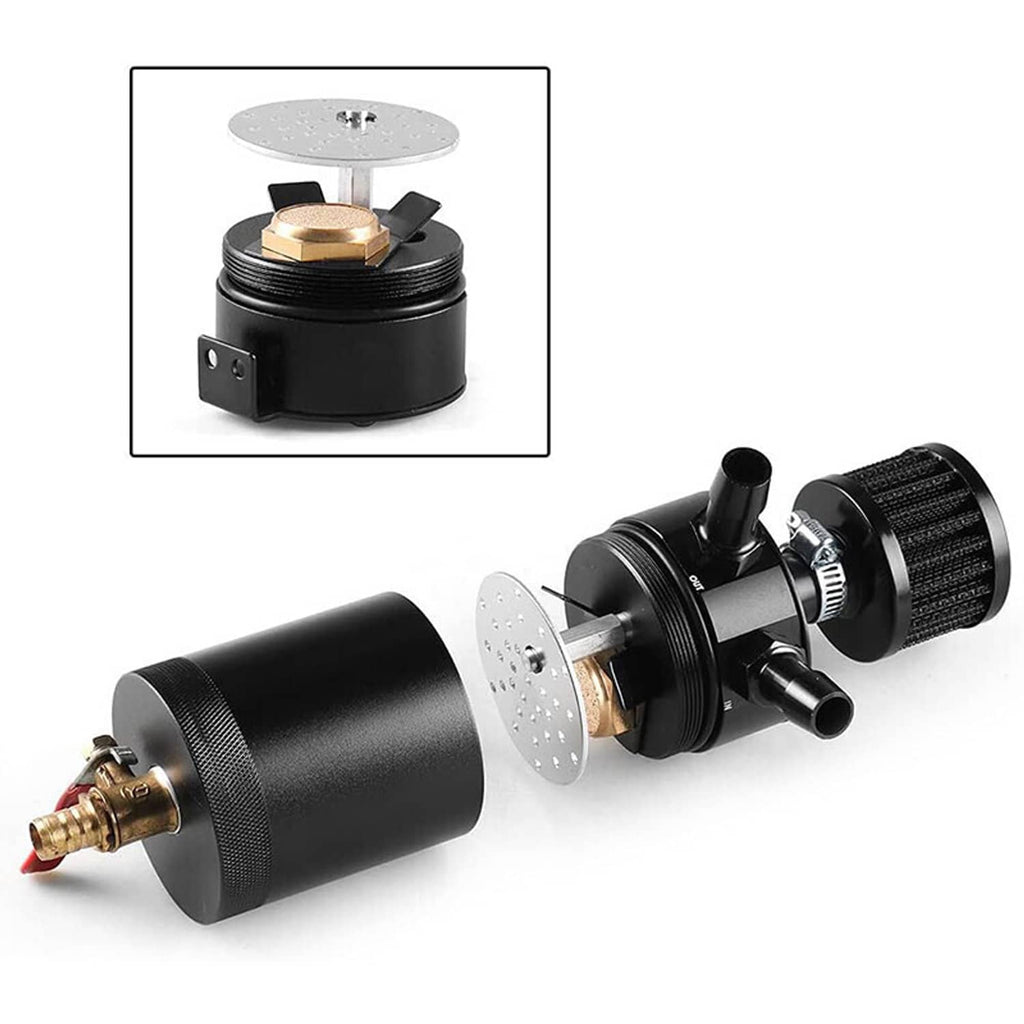 Black oil catch can with breather filter, mounting plate, and included parts