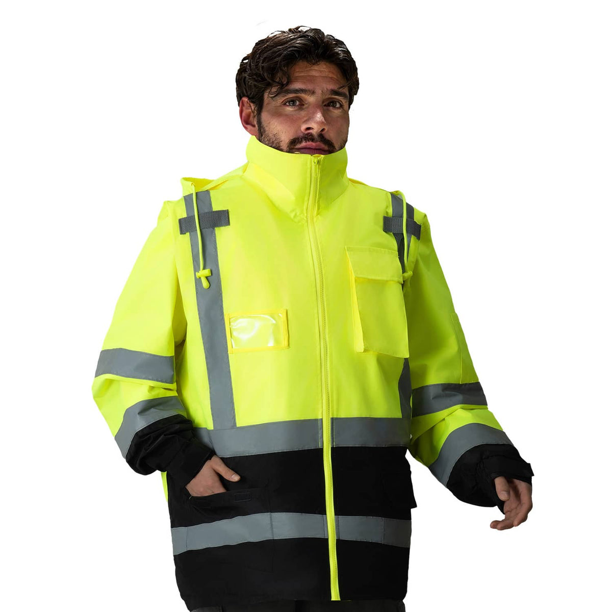High-visibility reflective safety jacket, hooded, zip front, chest pockets
