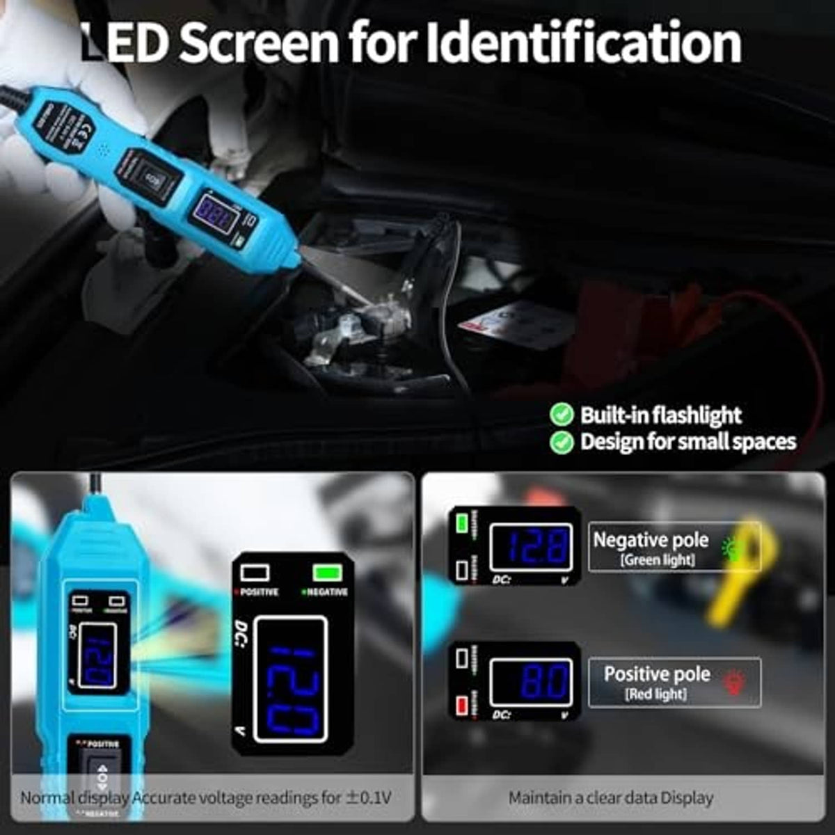 Automotive power probe tester with blue meter, illuminated screen, and built-in flashlight