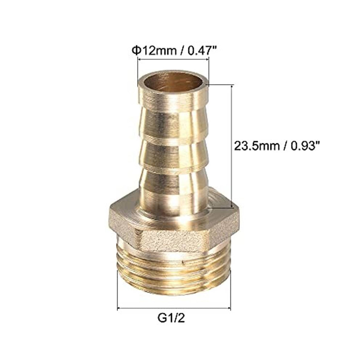 Brass straight hose barb fitting showing 12mm barb and G1/2 male thread size