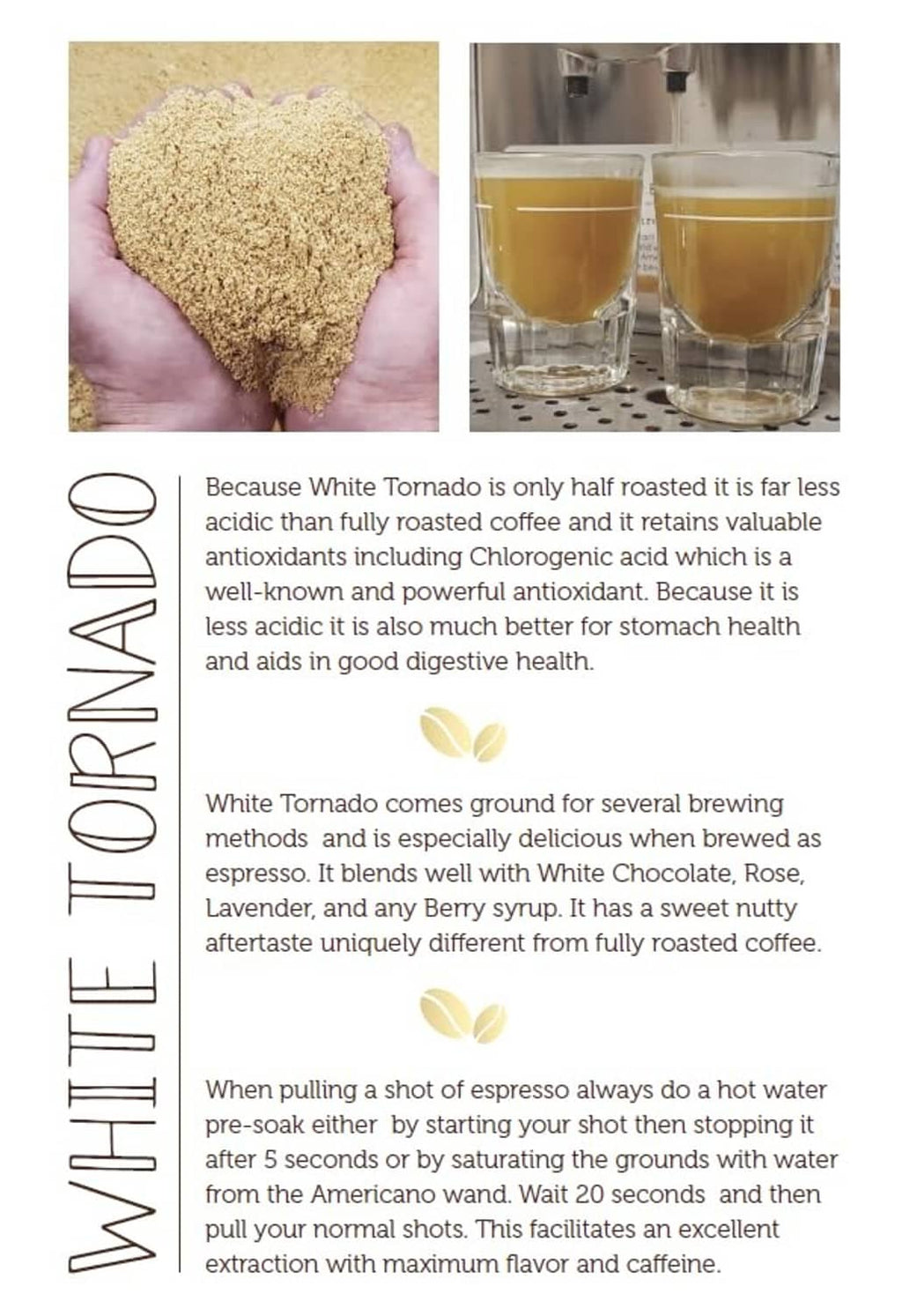White Tornado espresso grind coffee grounds in a hand, info text on panel