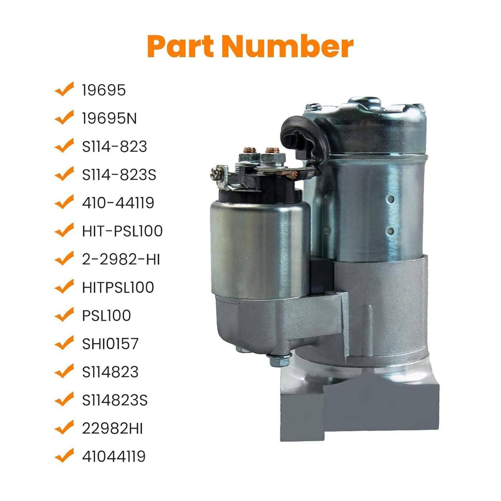 Starter motor with silver cylindrical body, top electrical terminals, and gray mounting base