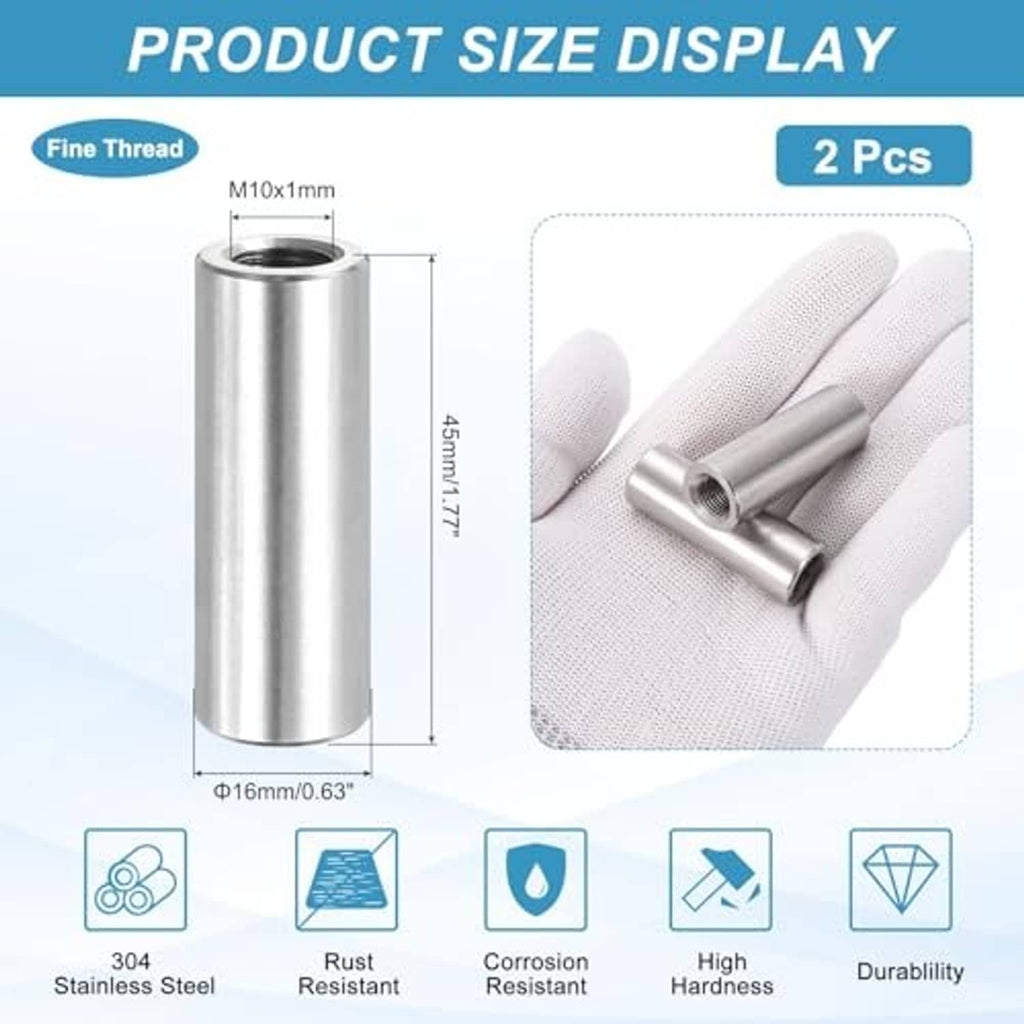 Stainless steel coupling nut with M10x1mm fine thread, cylindrical sleeve dimensions shown