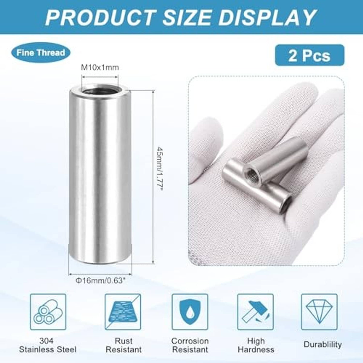 Stainless steel coupling nut with M10x1mm fine thread, cylindrical sleeve dimensions shown