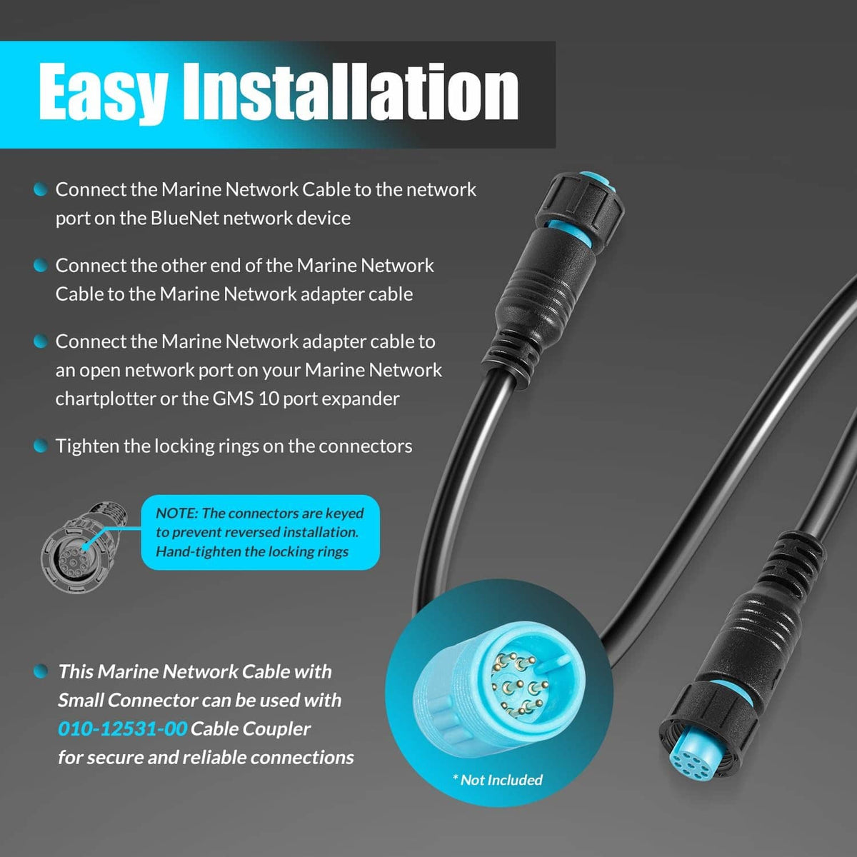 Marine network cable with blue small connector plug and coiled black cord