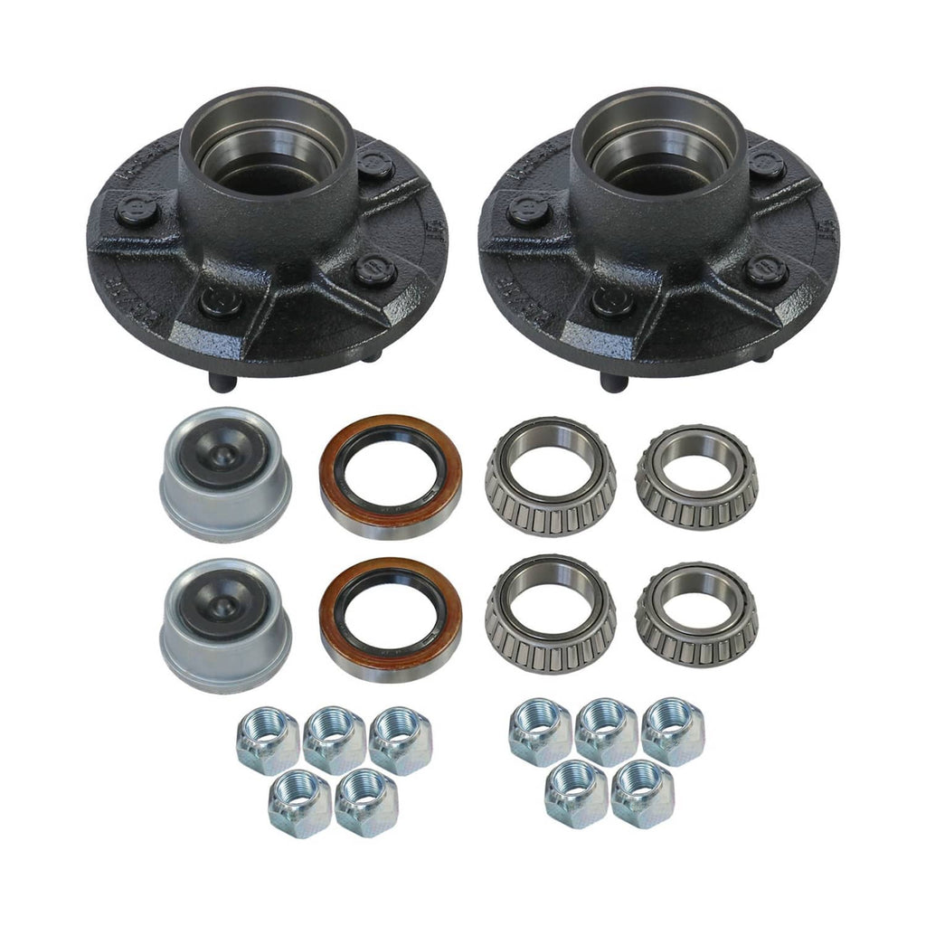Trailer idler hub kit set with two black hubs, bearings, seals, and wheel nuts