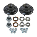 Trailer idler hub kit set with two black hubs, bearings, seals, and wheel nuts
