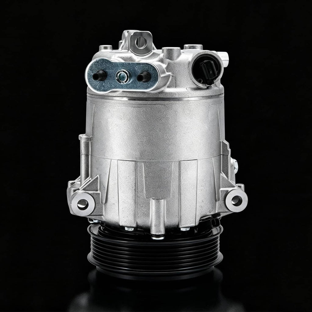 A/C compressor with clutch, front view with blue-toned inlet panel and black pulley