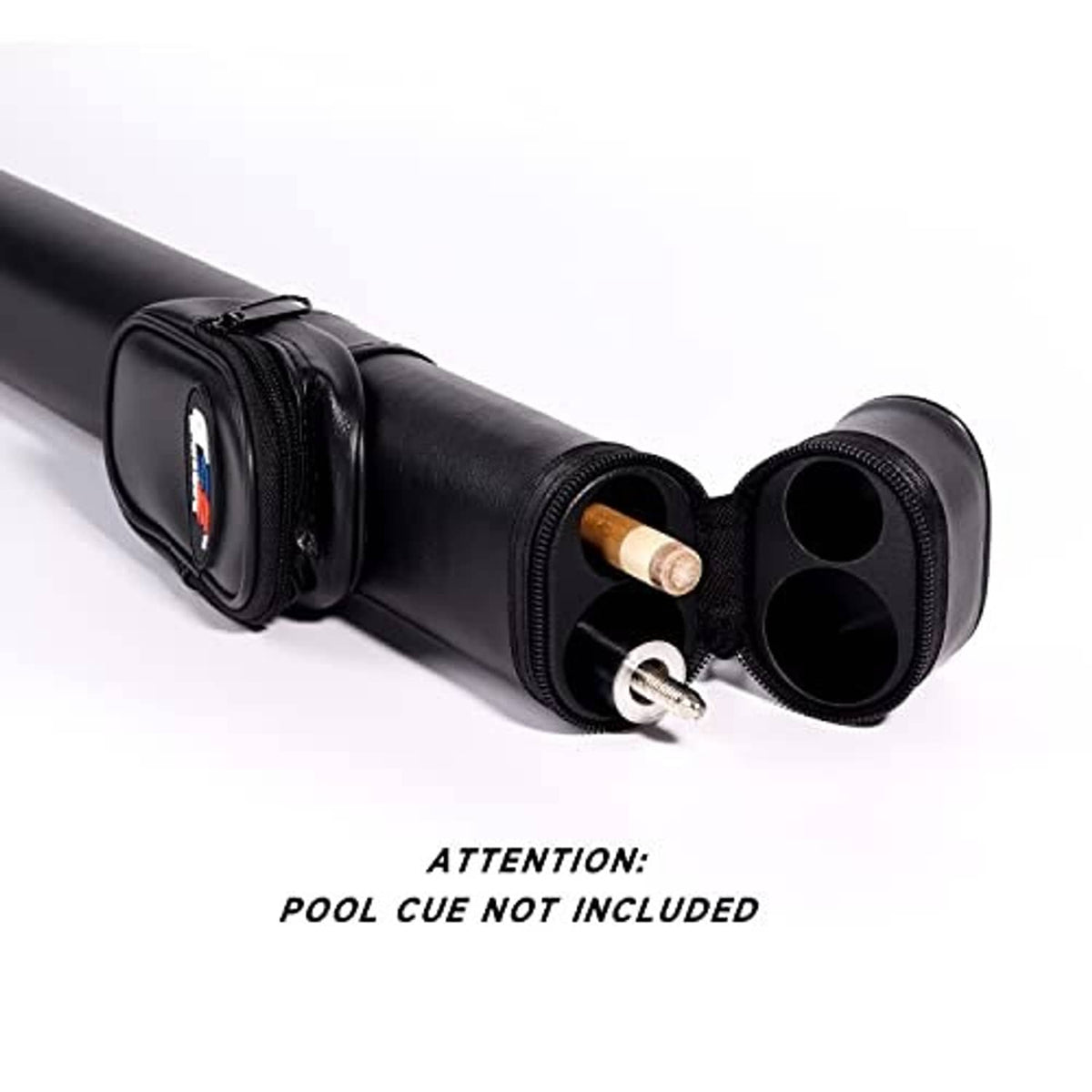 Black 1x1 billiard cue case with zipper opening and two-slot end holder