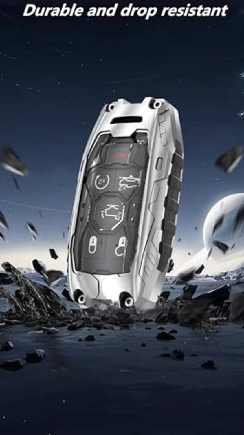 Silver key fob cover case protector with button layout, impact-resistant design