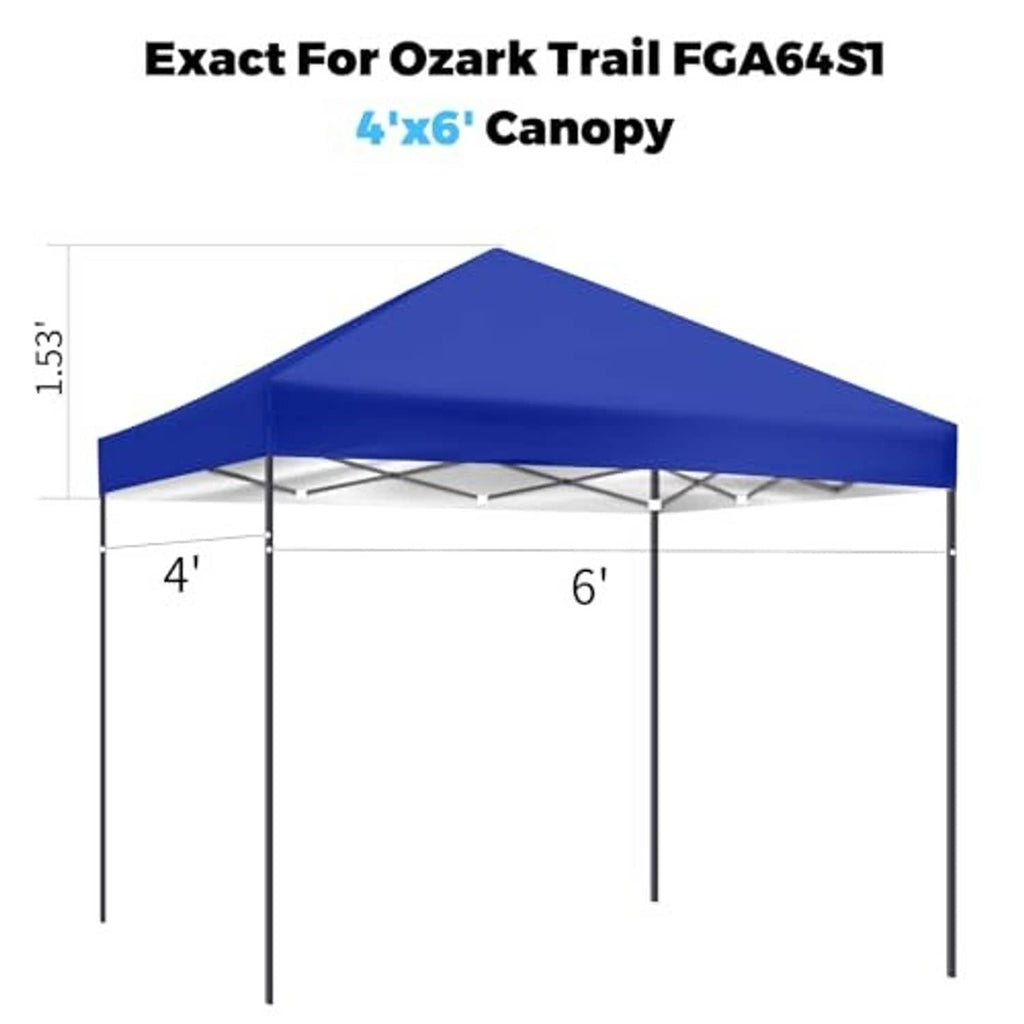 Blue canopy top cover with peaked roof and metal support posts