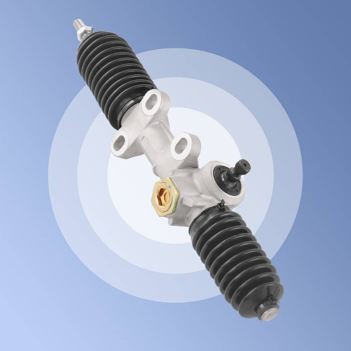 Rack-and-pinion steering gear box with black bellows, silver housing, and side bolts