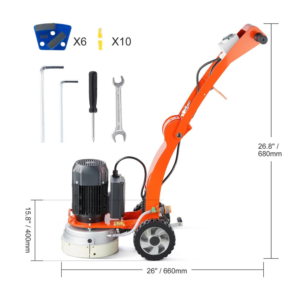 Walk-behind floor grinder with accessory layout showing blue blades and wrenches