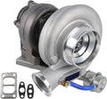 Turbocharger with silver compressor housing and dark turbine housing, includes mounting gaskets