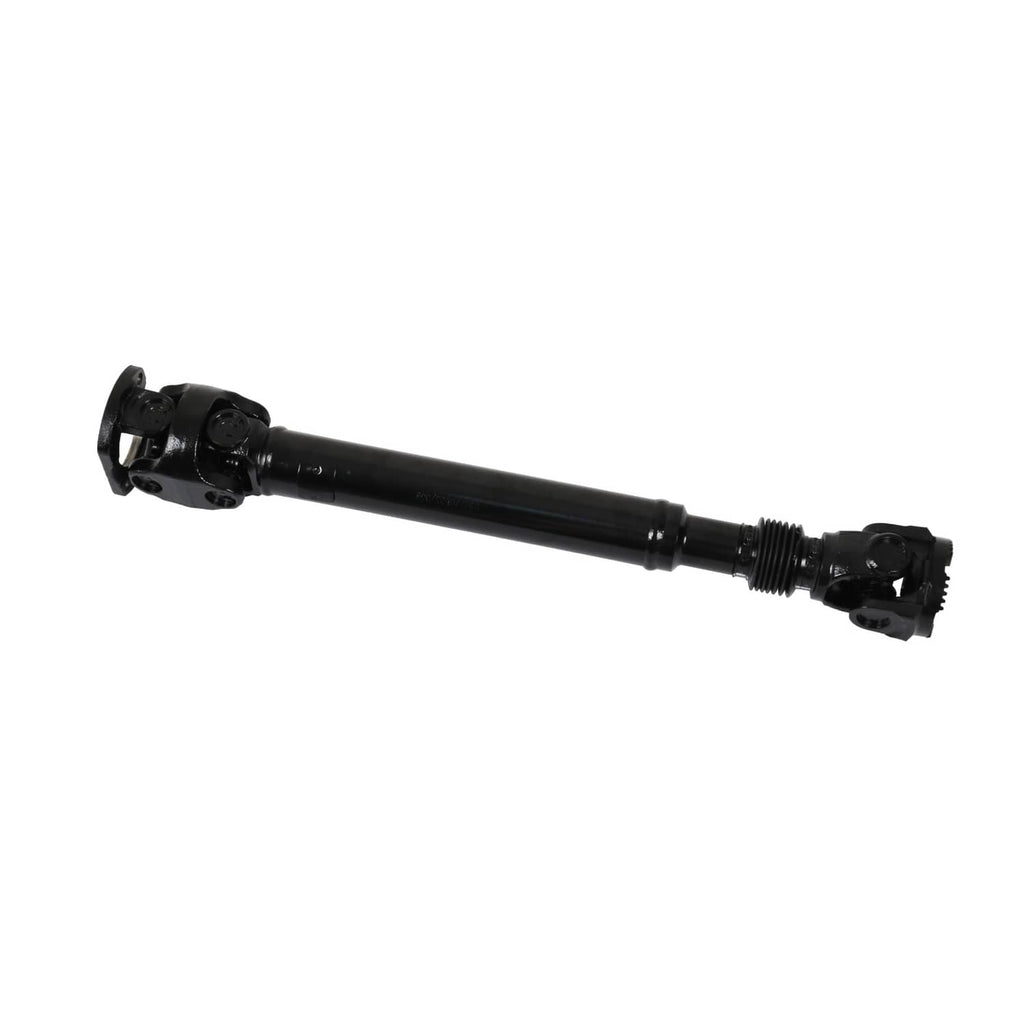 Black front driveshaft side view showing flange yoke and ribbed boot area
