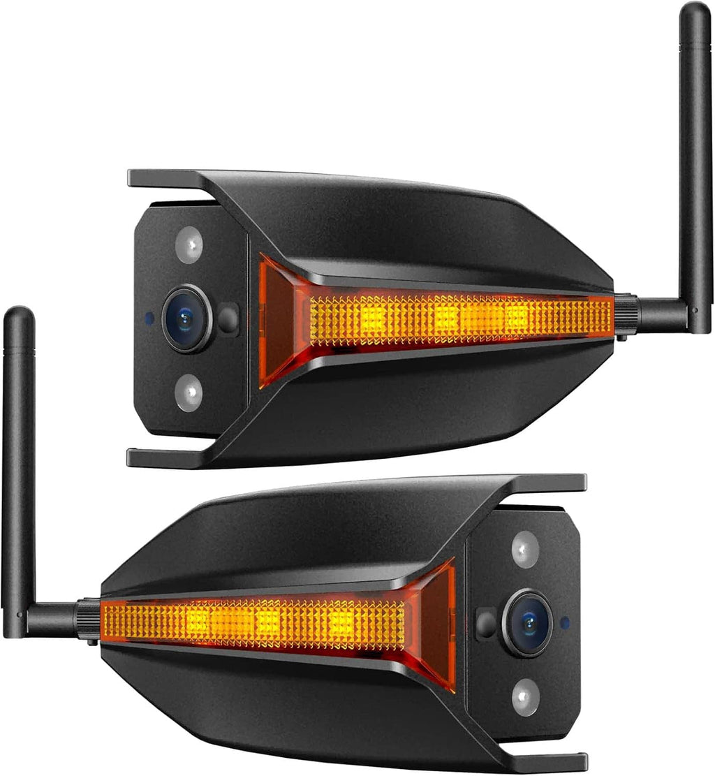 Wireless backup side cameras with antennas, black housings and amber LED light bars