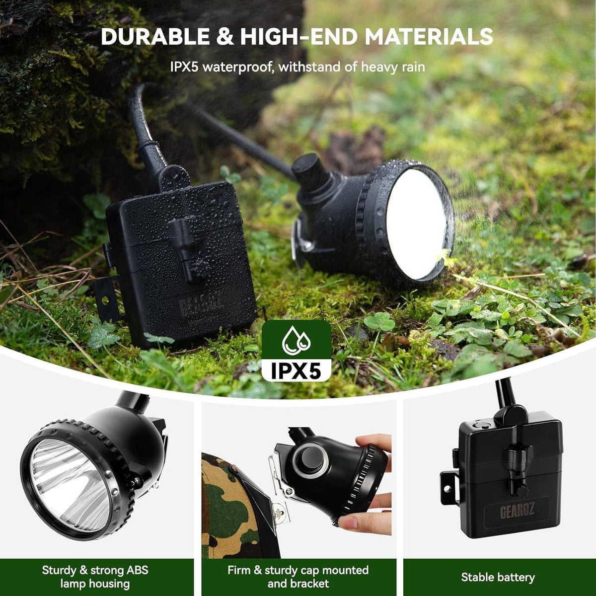 Black waterproof hunting headlamp spotlight with battery pack and cable, IPX5-rated design.
