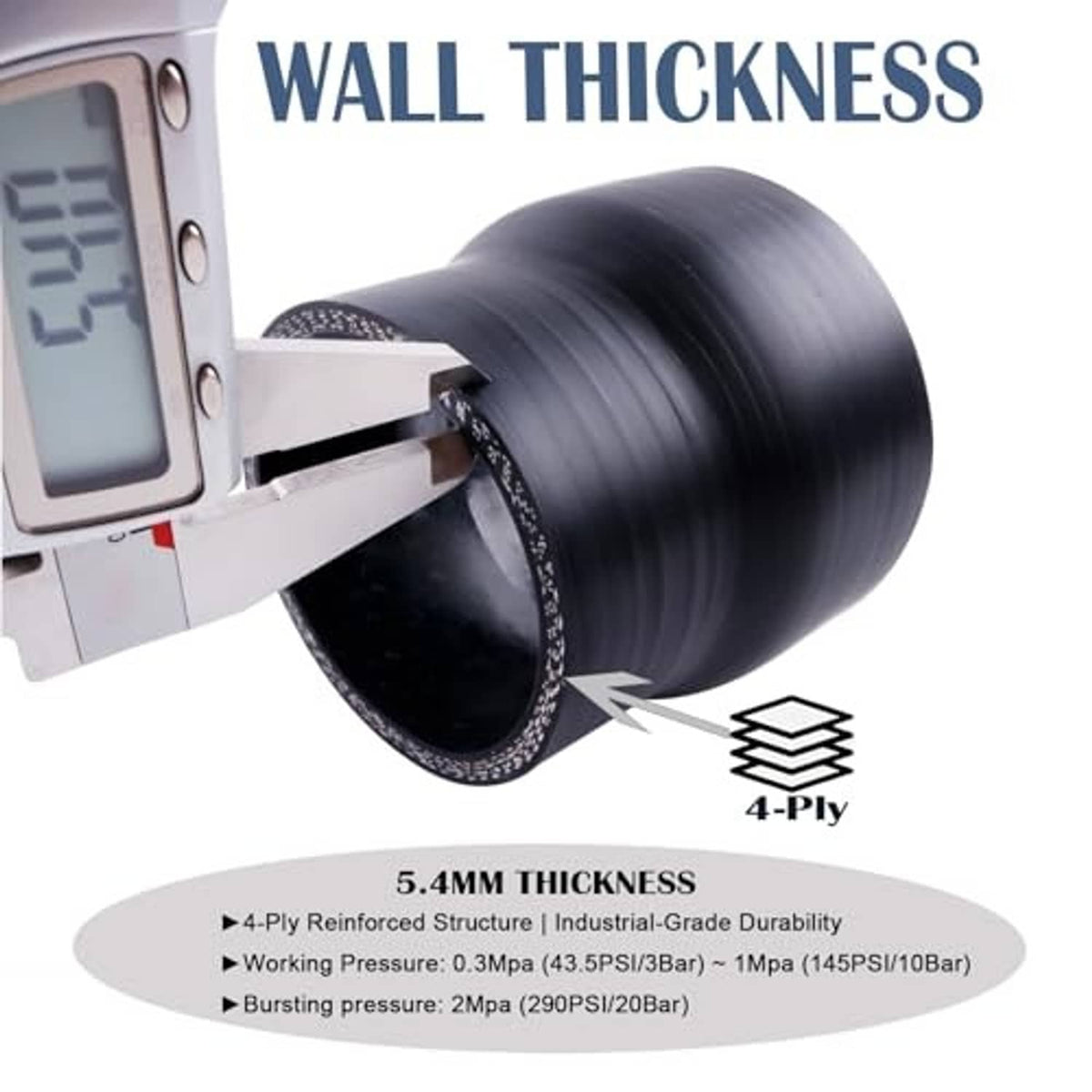 Black straight reducer hose coupler adapter showing 4-ply wall thickness detail