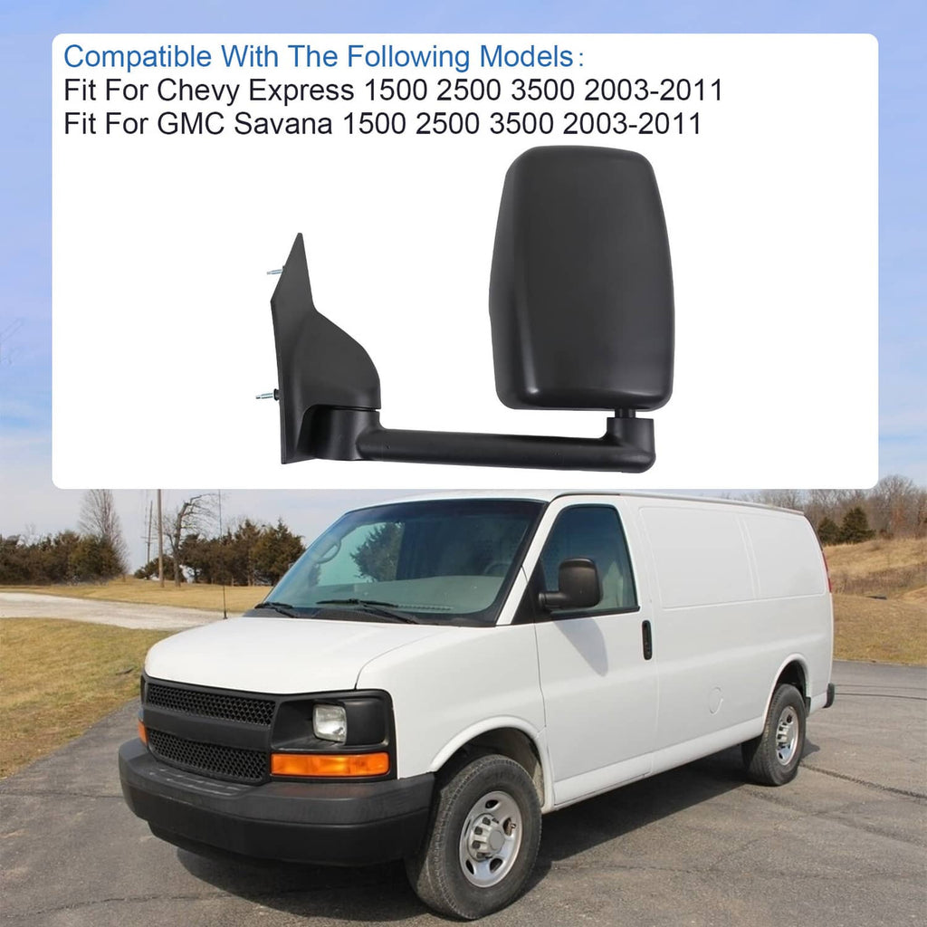 Black manual towing side mirror on van with clear lens and extended arm