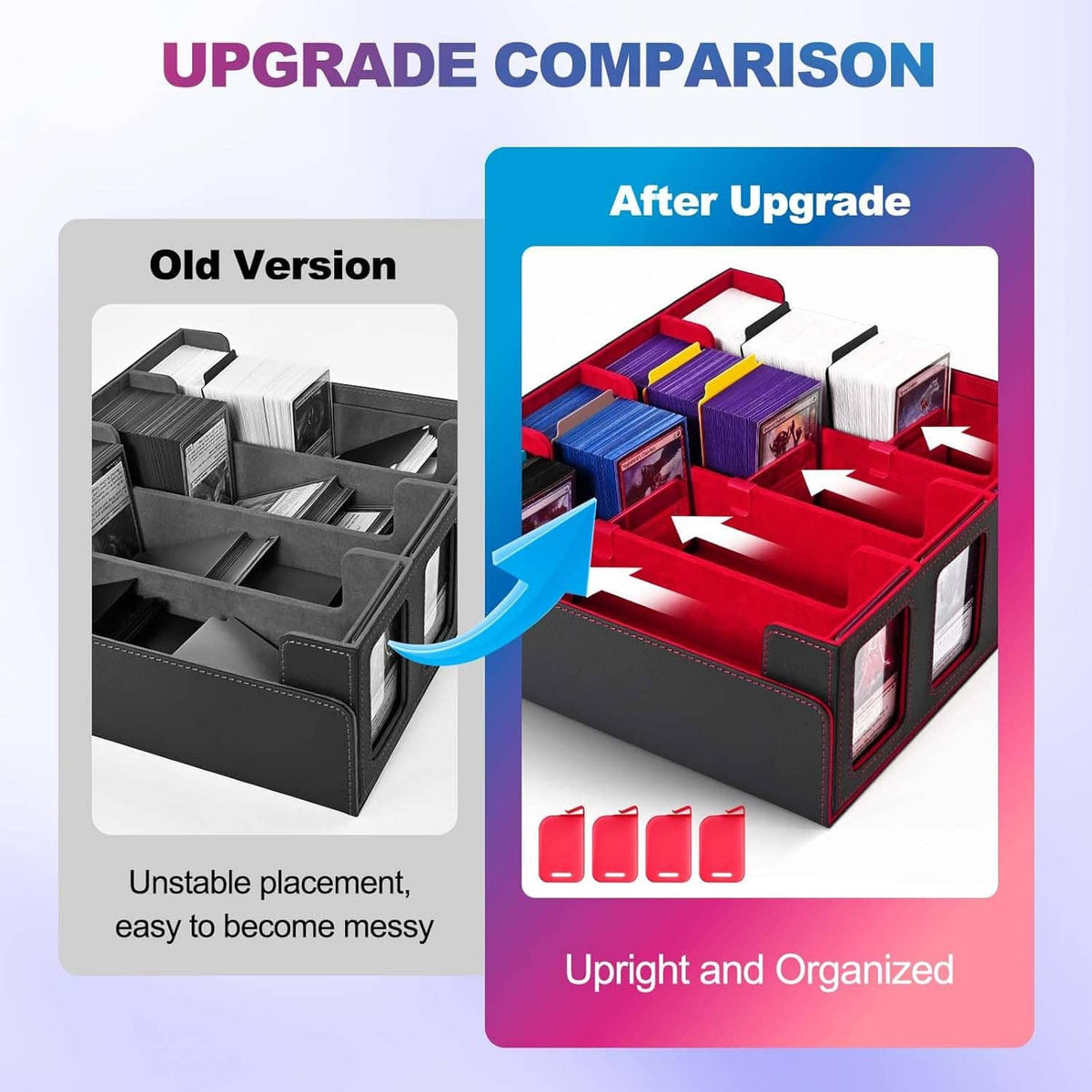Red and black card storage tray with upright compartments for organized deck cards