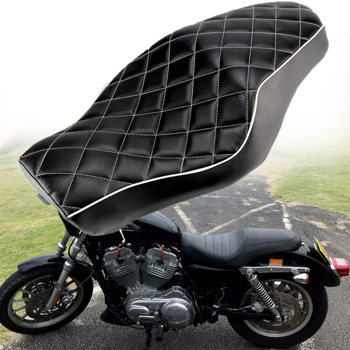 RivetOak Two-up Rider Driver Passenger Seat For Harley Sportster 883 XL883C XL1200 Custom
