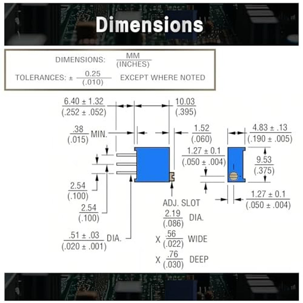 Potentiometer dimensions diagram with board and pin size measurements