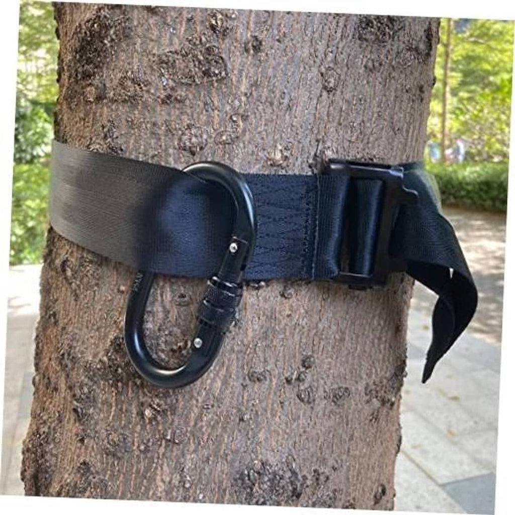 Dark blue tree safety strap with quick-connect D-ring and adjustable buckle