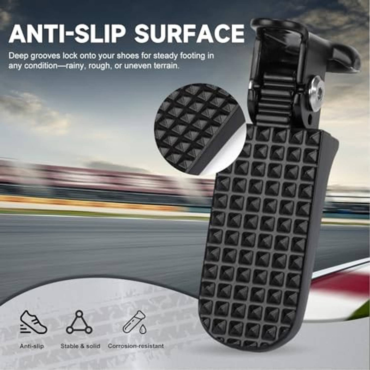 Black bike foot peg with deep square-grip anti-slip surface and mounting bracket