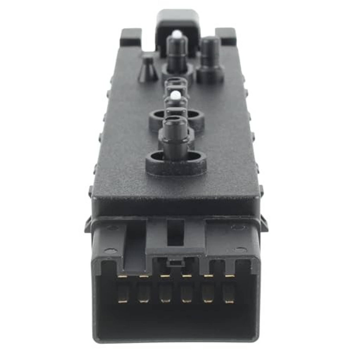 Power seat control switch top view with central post and multi-pin connector, dark gray