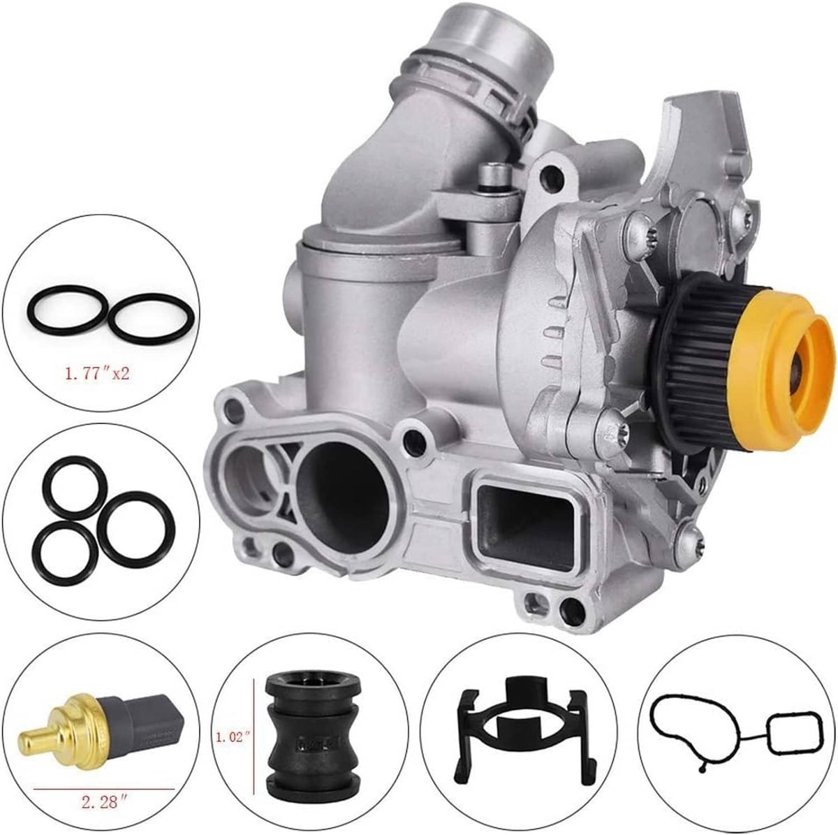 Water pump and thermostat assembly with metal housing and yellow outlet, plus gasket set
