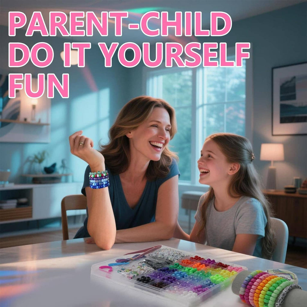 Pony beads DIY kit with multicolor bead strands and bracelets being made at a table