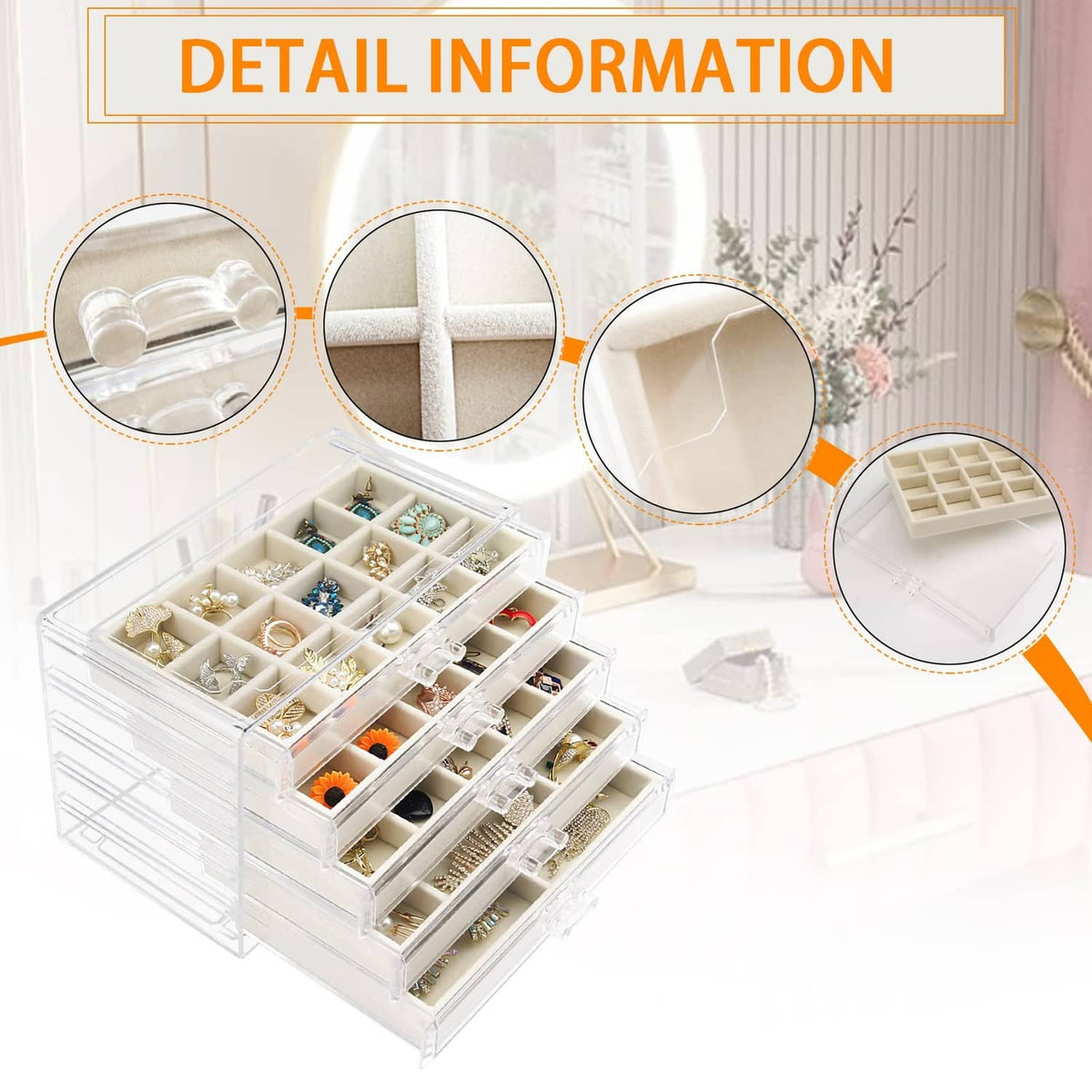 Clear acrylic jewelry organizer with five drawers showing divider compartments