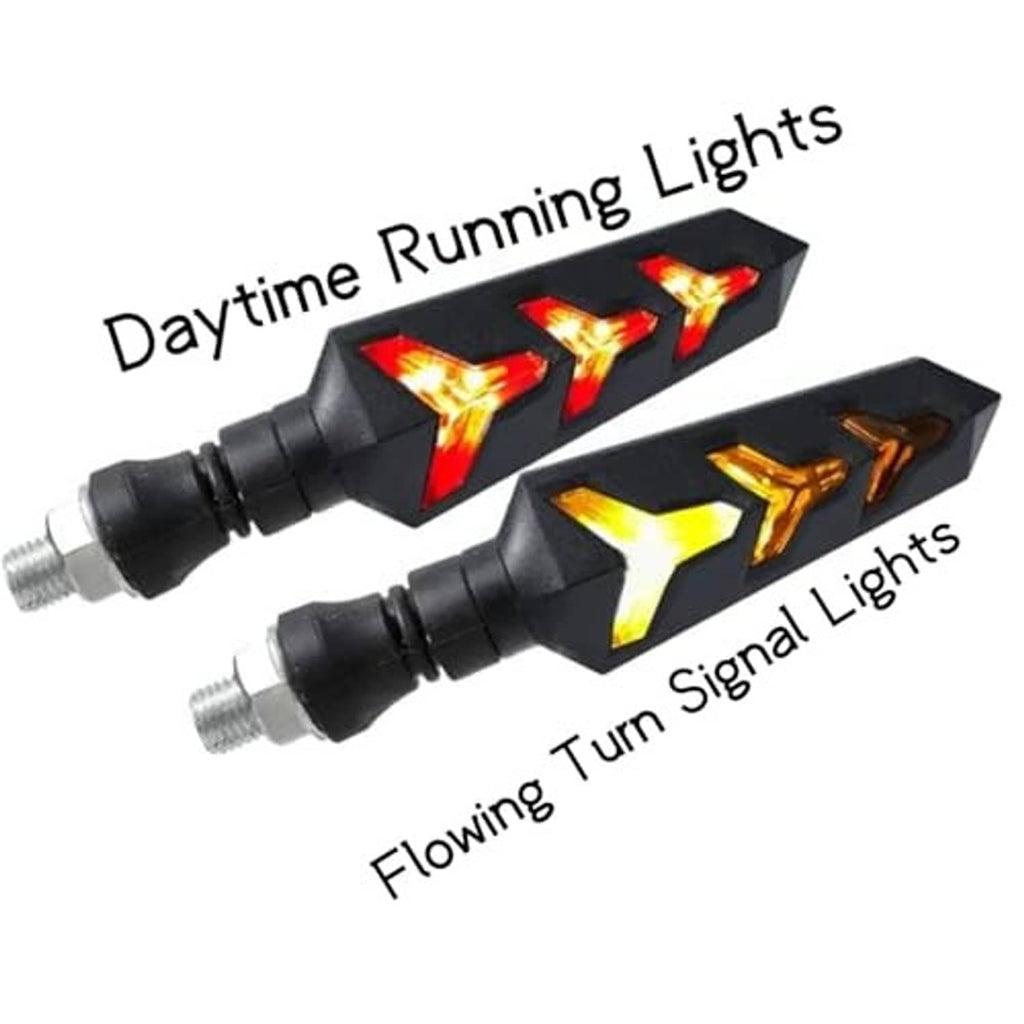 Pair of black Y-shape LED turn signal bulbs showing amber running and turn arrow lights