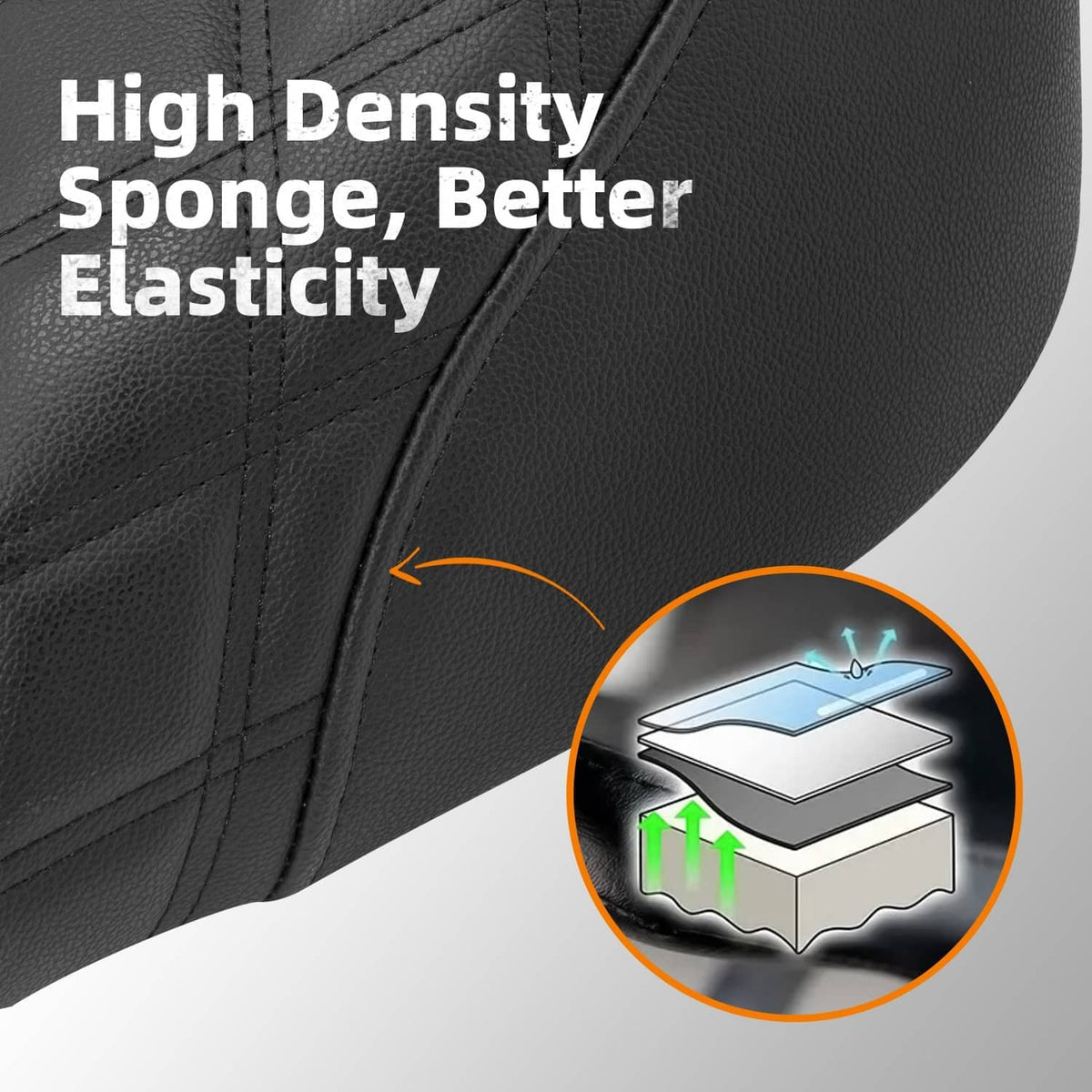 Black leather-look motorcycle seat upholstery with stitched seam and panel lines