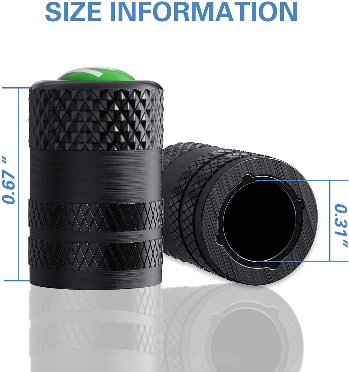 Pair of black tire valve stem caps with textured sides and green N2 logo
