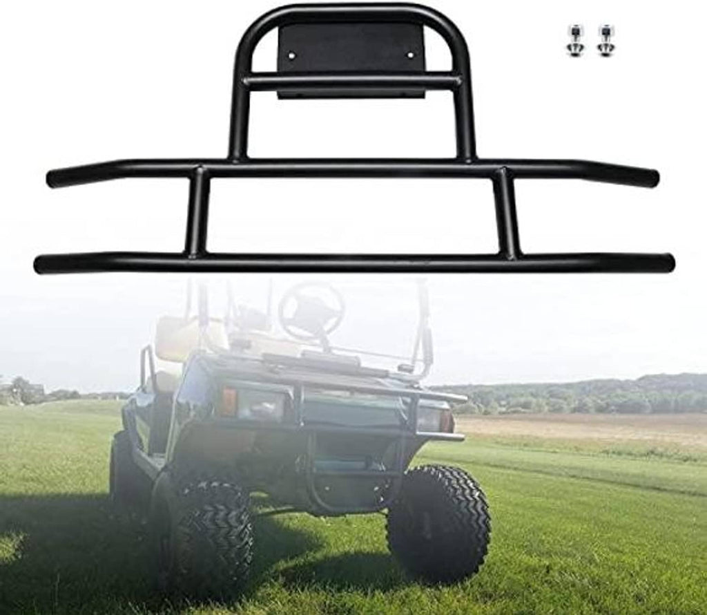 Black golf cart front bumper brush guard with central plate and side protective rails.