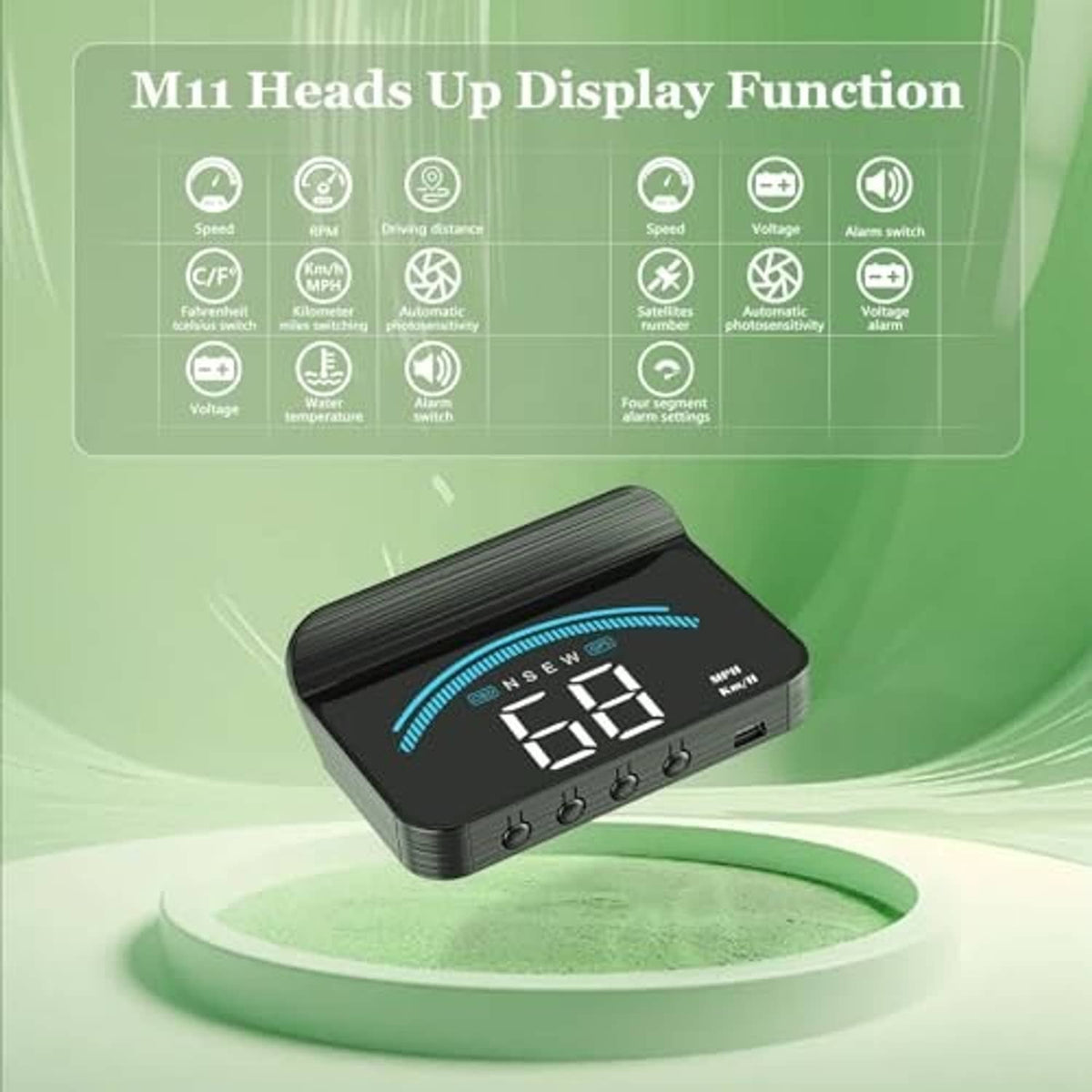 Universal M11 car heads-up display with blue arc and digital speed reading, angled view