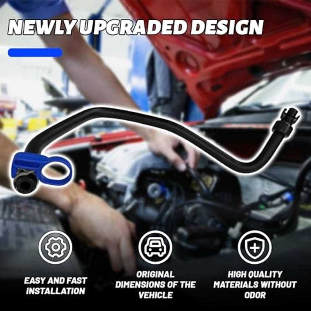 Black coolant hose with blue connector ring, curved section, and top plug