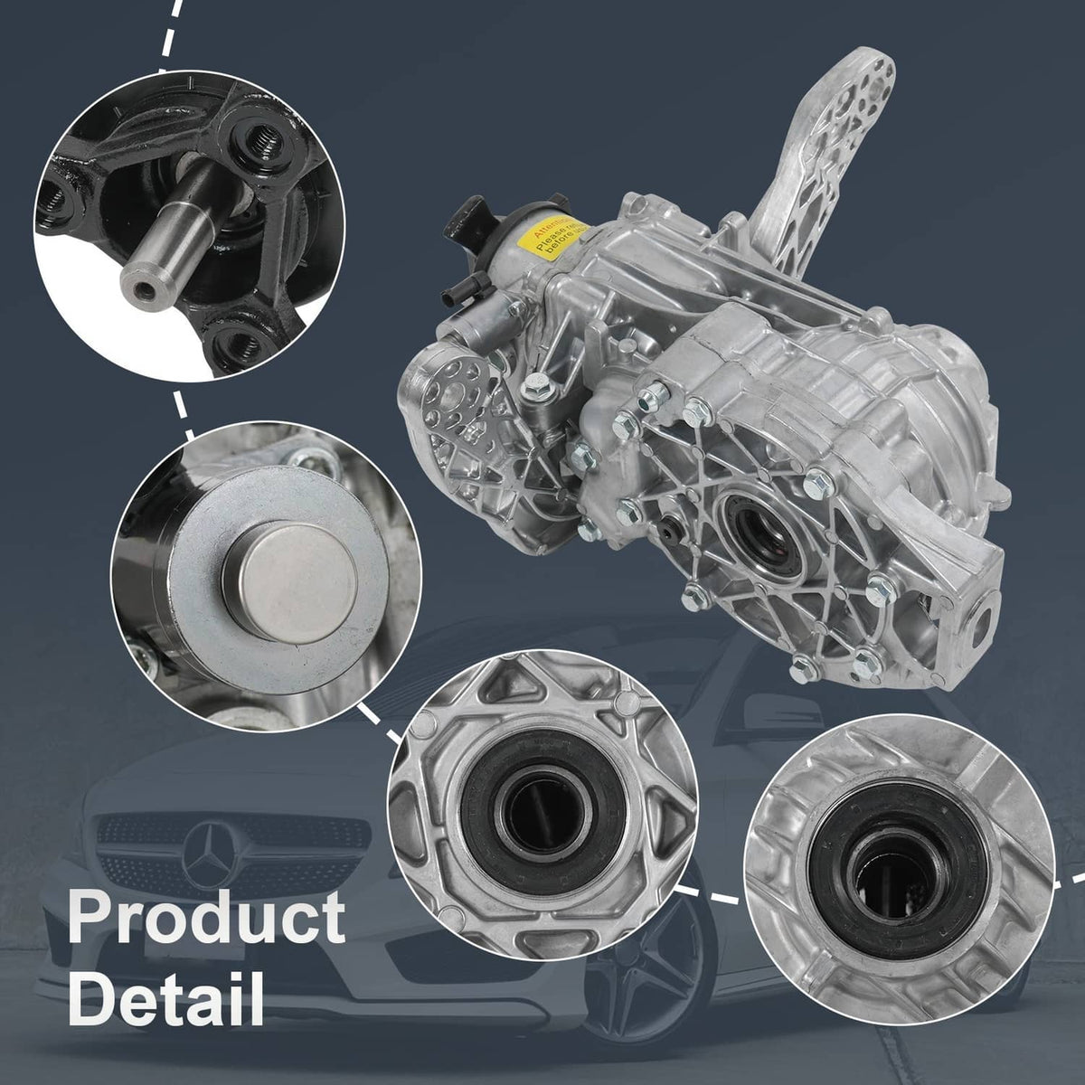 Rear axle differential assembly with side ports and inset detail views, silver metal housing