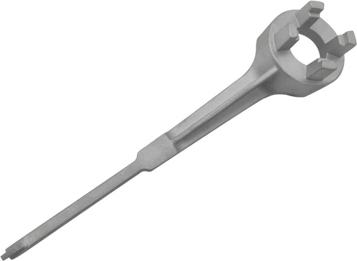 Aluminum drum bung wrench with large circular drive head and extended handle