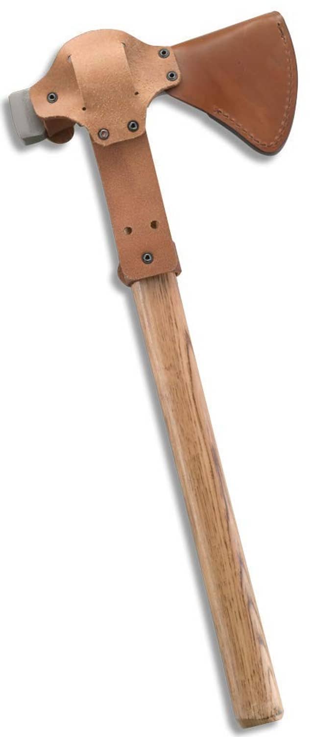 Tan leather axe sheath with snap buttons, stitched panels, and exposed wood handle end