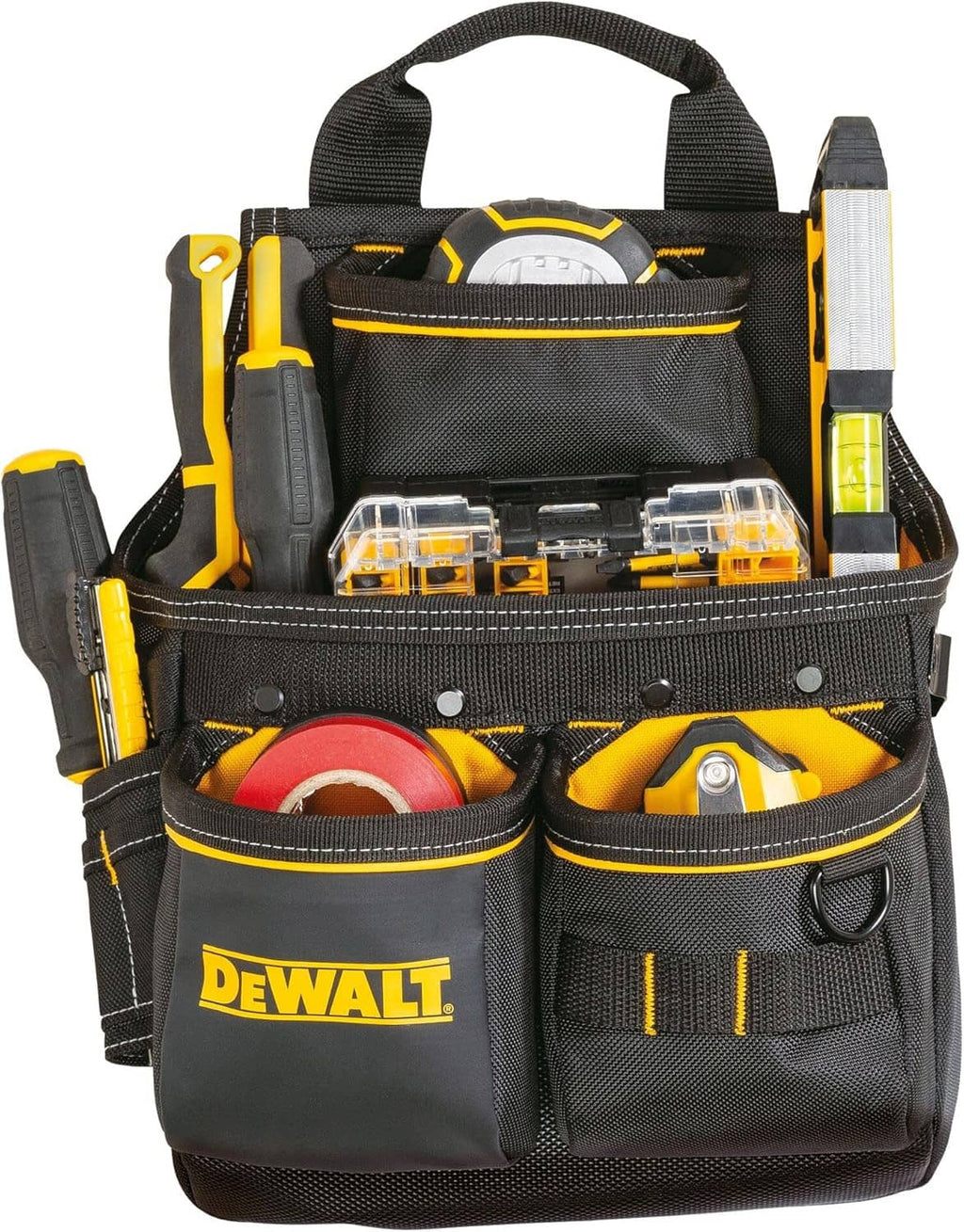 Tool belt pouch with clear organizer trays and yellow/black compartments